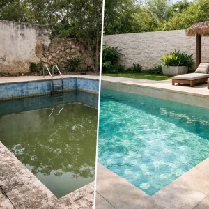 Antes y después de alberca con chukum bien aplicada